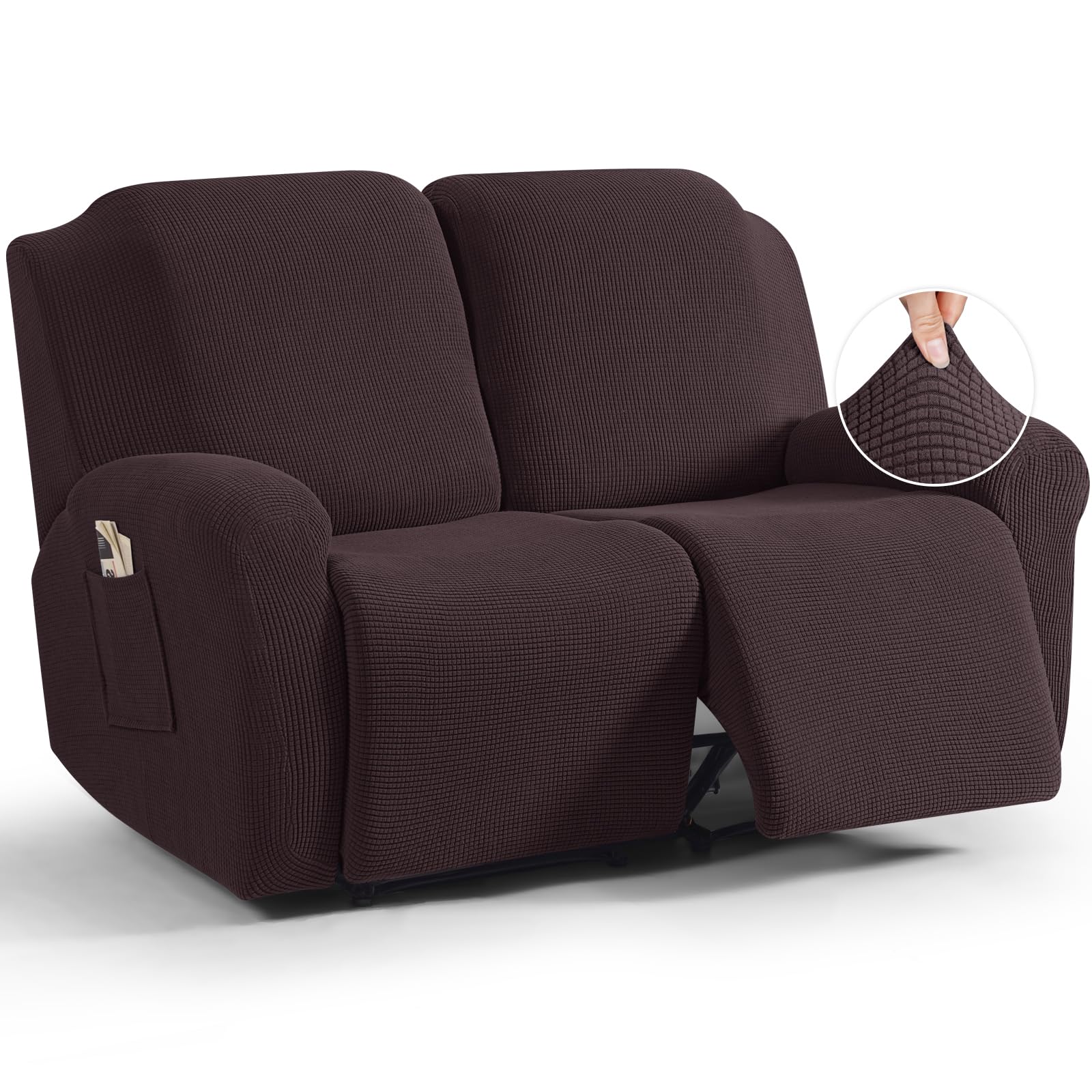 Photo 1 of TAOCOCO Recliner Loveseat Slipcover, 6 Pieces Dual Recliner Sofa Covers for 2 Seat Dual Reclining Loveseat Couch, Stretch Soft Jacquard Pattern Furniture Protector with Elasticity (Chocolate)