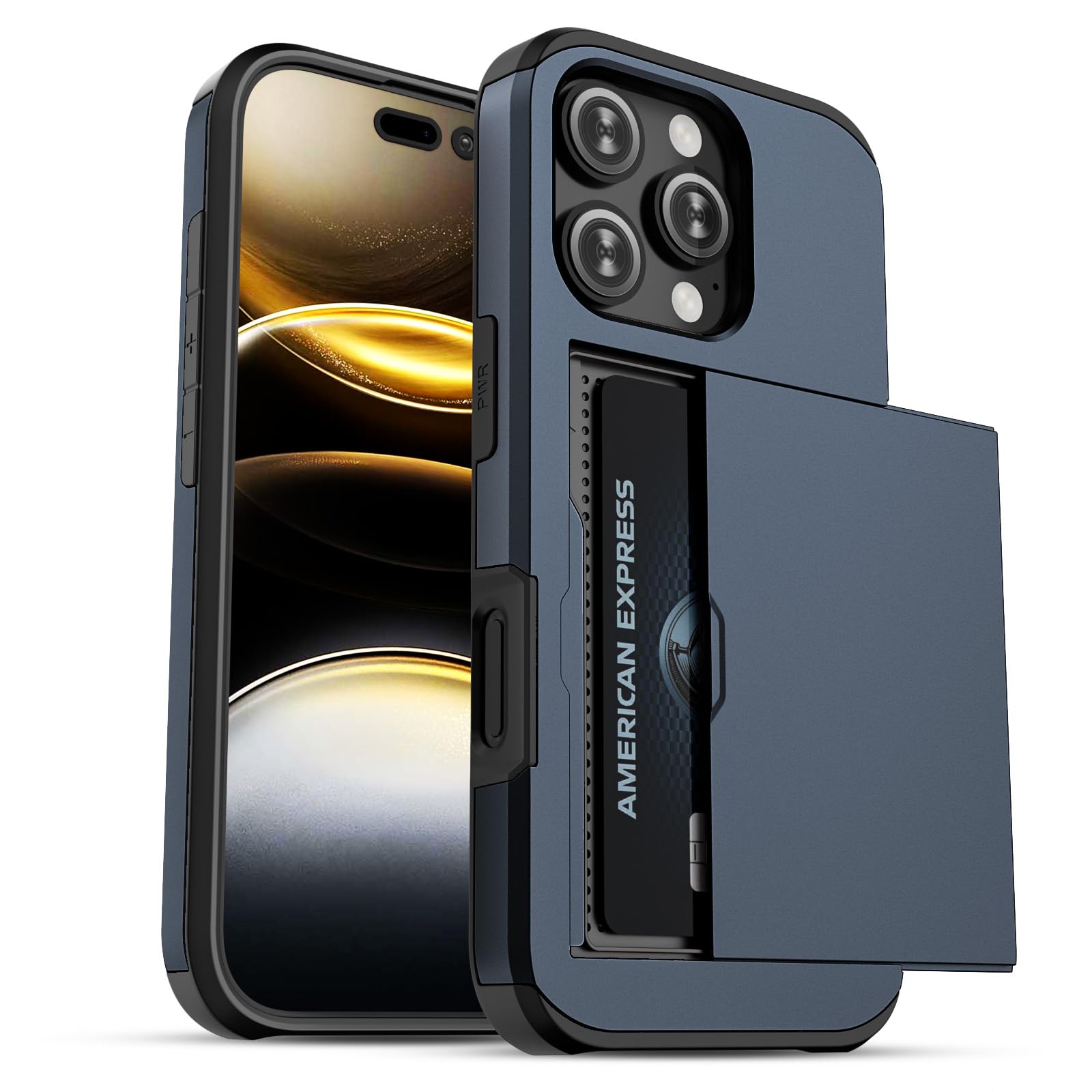 Photo 1 of Jiunai for iPhone 16 Pro Case Card Holder Wallet for 2 Cards Slide Hidden Pocket IDs Credit Cards License Protective Dual Layer Wallet Phone Cover Case for iPhone 16 Pro 6.3’’ Men Women - Navy