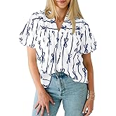 Cicy Bell Womens Summer Babydoll Tops Short Lantern Sleeve Bow Print Blouse V Neck Pleated Casual Cute Tee Shirts