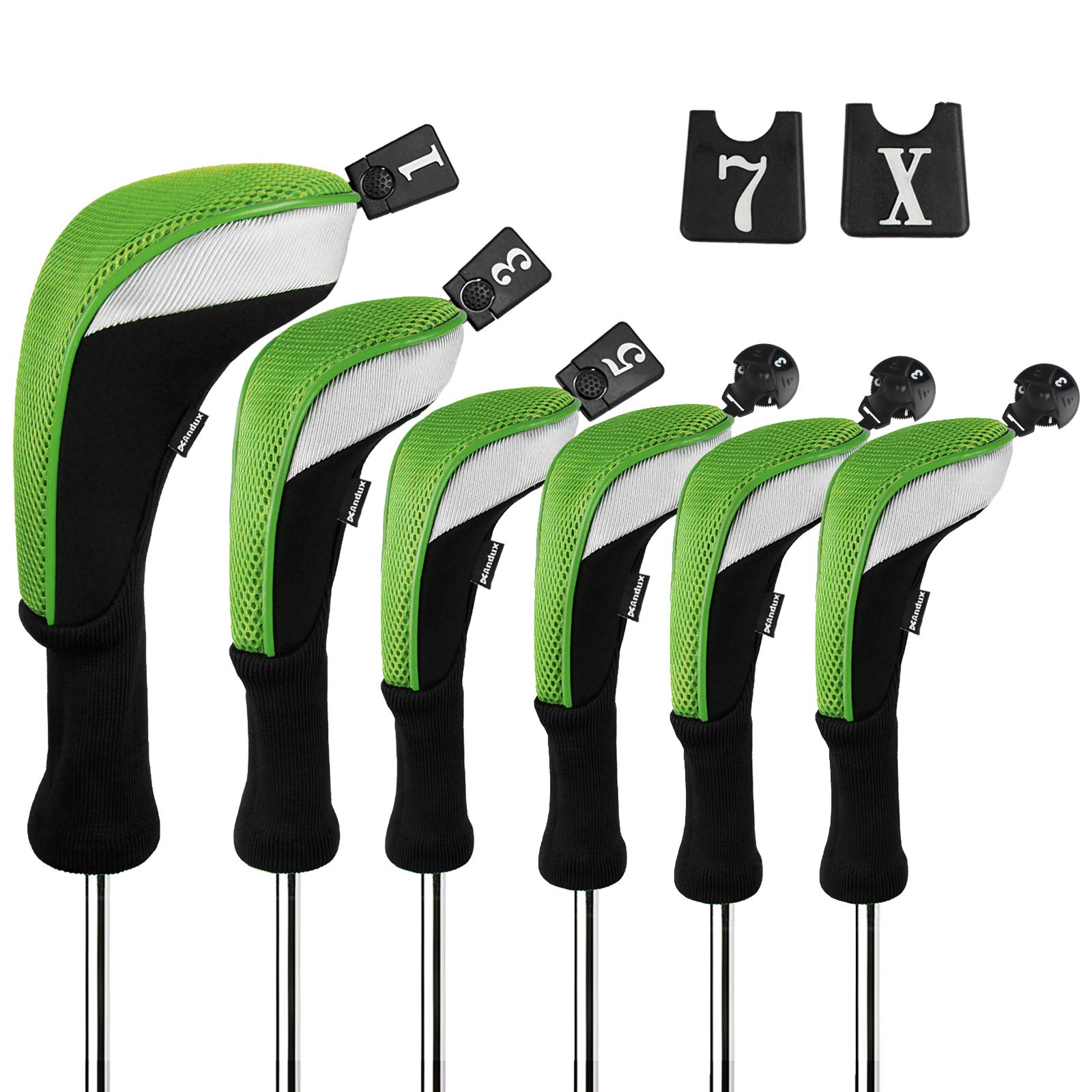 Andux 6pcs/Set Golf Club Head Covers Woods Driver Fairway Hybrid Set Long Neck (3 Hybrid + 3 Woods) Black/Green — image 1
