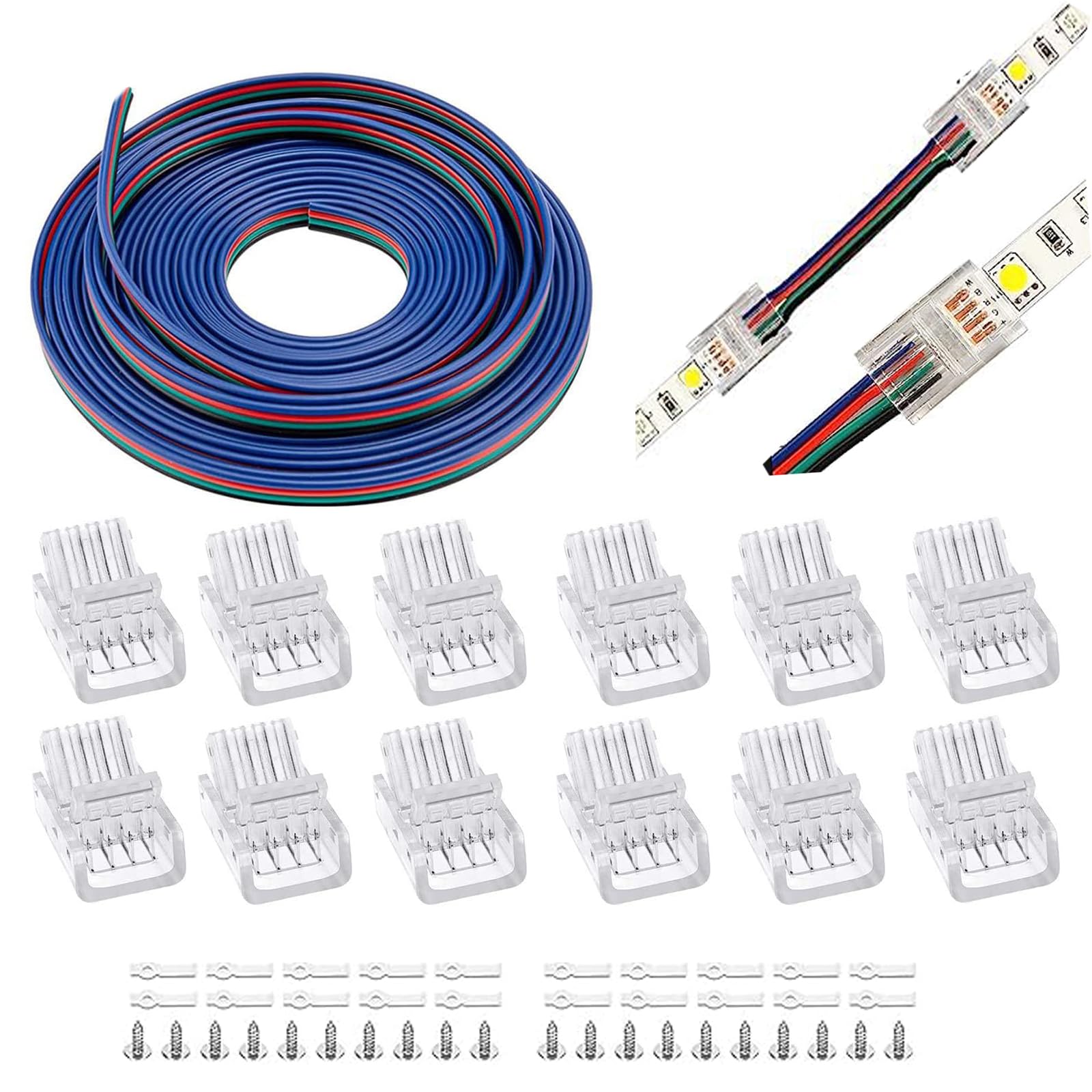 KAITOK 4PIN LED Connector,12pcs Solderless Transparent Track Lighting Connections and 16.4ft Extension Cords for 5050 Guided Strips
