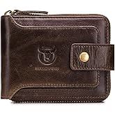 BULLCAPTAIN Genuine Leather Wallet for Men Large Capacity ID Window Card Case with Zip Coin Pocket QB-231 (Coffee)