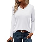 YUCOLEN Women's Long Sleeve Shirts V Neck Cotton T-Shirt Solid Color Casual Tops Basic Tees for Women