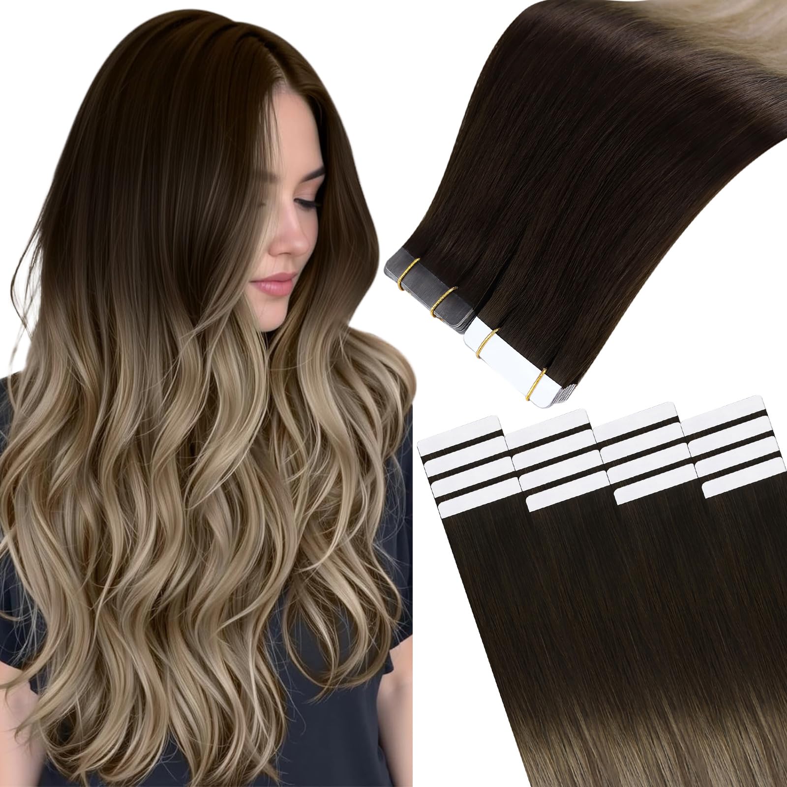 Easyouth Balayage Tape in Hair Extensions Human Hair Ombre Brown Tape in Human Hair Extensions Tape ins Balayage Brown to Blonde Tape Extensions Real Human Hair 22 Inch 50g 20Pcs — image 1