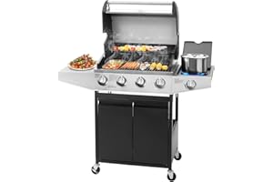 Unovivy 4-Burner Propane Gas BBQ Grill with Side Burner & Porcelain-Enameled Cast Iron Grates Built-in Thermometer, 49,000 BTU Outdoor Cooking, Patio, Garden Barbecue Grill, Black and Silver