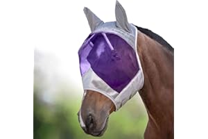 Harrison Howard CareMaster Horse Fly Mask Half Face with Ears Silver/Purple Retro Large Full Size