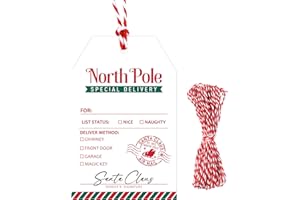 G2PLUS 50Pcs Christmas Gift Tags - from Santa Gift Wrapping Tags, 3.3x2.2in Xmas Paper Special Delivery North Pole Tag with String for DIY Crafts, Holiday Party Favors