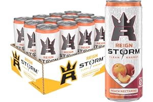 REIGN Storm, Peach Nectarine, Fitness & Wellness Energy Drink, 12 Fl Oz (Pack of 12)
