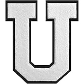 4 Inch White Chenille Letter Patch – Iron On & Sew On Embroidered Alphabet Initial with Black Border for Jackets, Hats, Jeans, Bags – DIY Varsity Style Heat Transfer Applique for Clothing & Crafts