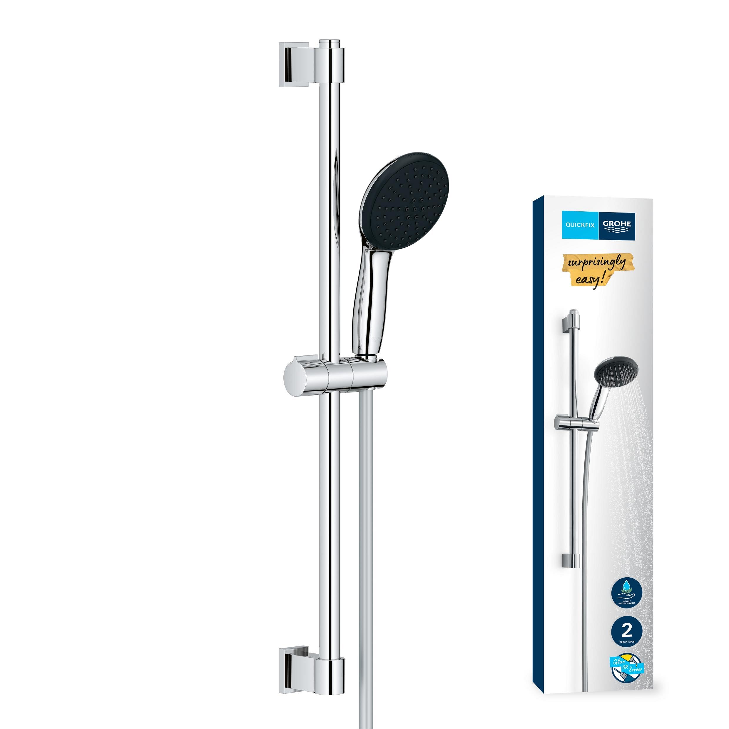 GROHE Vitalio Start 110 QuickFix - Shower Set (Round 11 mm Hand Shower 2 Sprays: Rain and Jet, Hose 1.75m, Rail 60 cm, Extra Water Saving), Easy to Fit with GROHE QuickGlue, Chrome, 2794810E