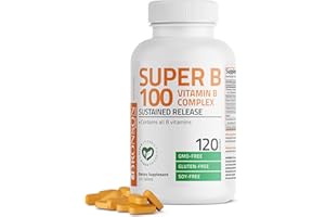 Bronson Super B100 Vitamin B Complex Sustained Release Contains All B Vitamins (Vitamin B1, B2, B3, B6, B9 - Folic Acid, B12), 120 Tablets