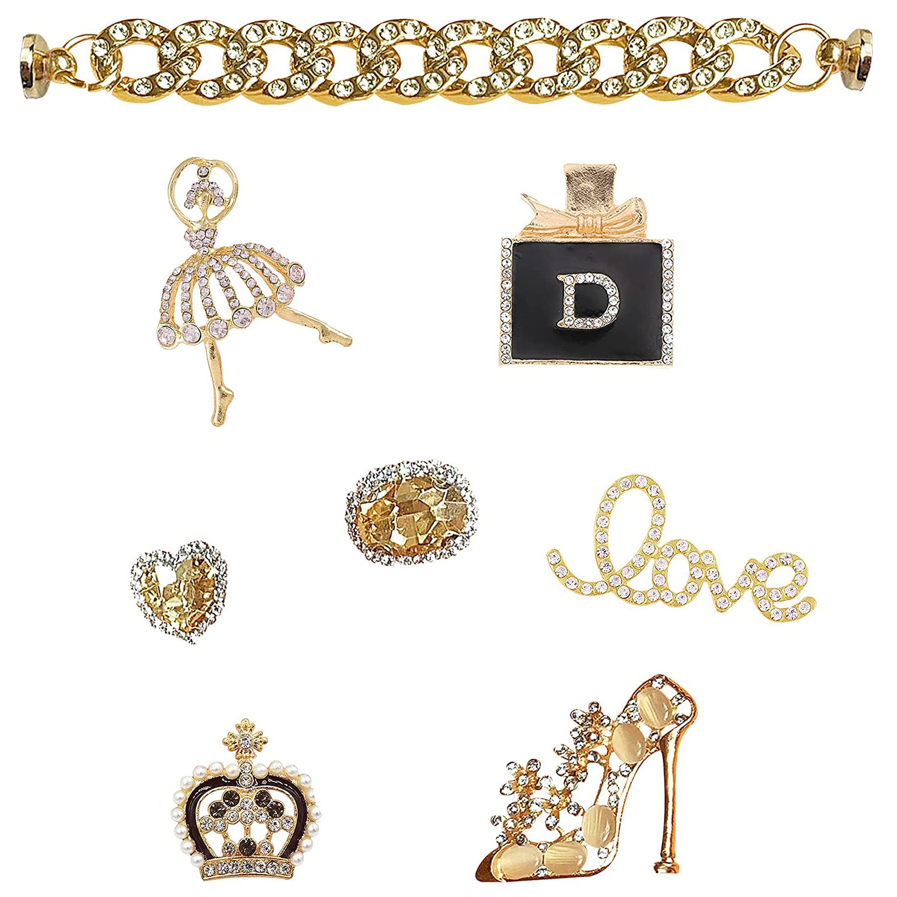 ZOKUZO Chic Bling Shoe Charms Gold and Sliver Designer Jewels Pretty Cute Chains Decorations Accessories for Women Girl Adults