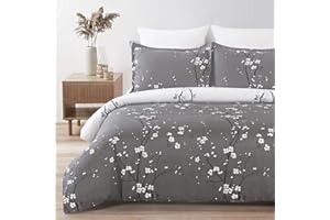 YEPINS Soft Brushed Microfiber Duvet Cover Set with Zipper Closure and Corner Ties, Plum Blossom Branch Floral Printed Pattern, Grey and White Color, Reversible Design- Queen(90x90 inches)