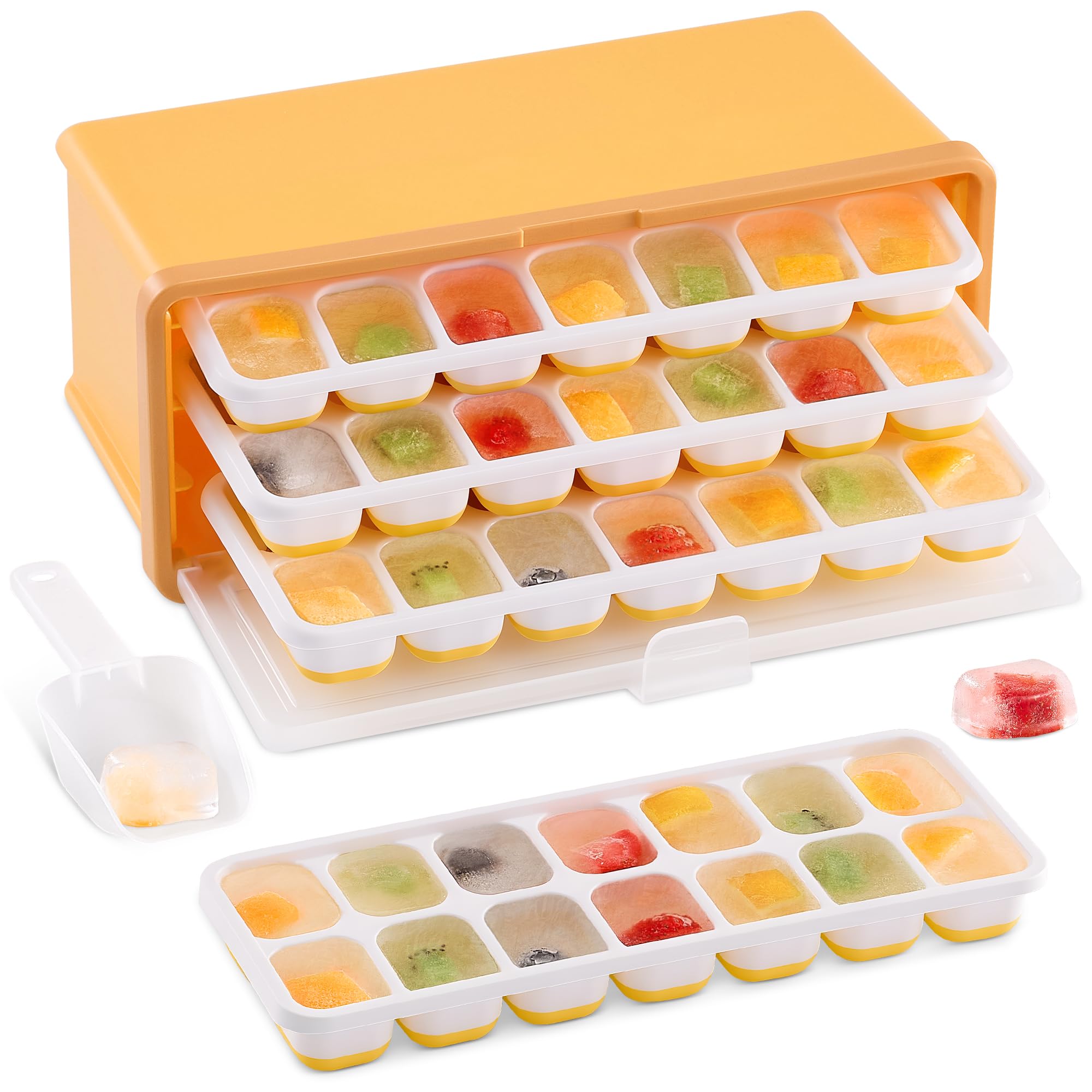 Photo 1 of Ice Cube Tray with Lid, Silicone Ice Cube Trays Box for Freezer with bin, Easy Release Pull-out Square Ice Tray, Large Capacity Ice Cube Mold with 3 Trays for Drinks, Whiskey, Coffee, 42 Pcs, Yellow