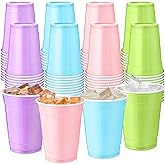 Reallnaive 100 Pcs 12 oz Disposable Plastic Party Cups, Rainbow Color Drinking Cups, Durable & Lightweight Reusable for Parties, Holidays, Events & Home Use (Pastel)