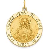 14k Yellow Gold Sacred Heart Jesus Pendant with Mercy Inscription, Catholic Religious Medallion for Prayer, Christian Necklace, Solid Gold Devotional Jewelry for Men or Women, Faith Medal 25mm