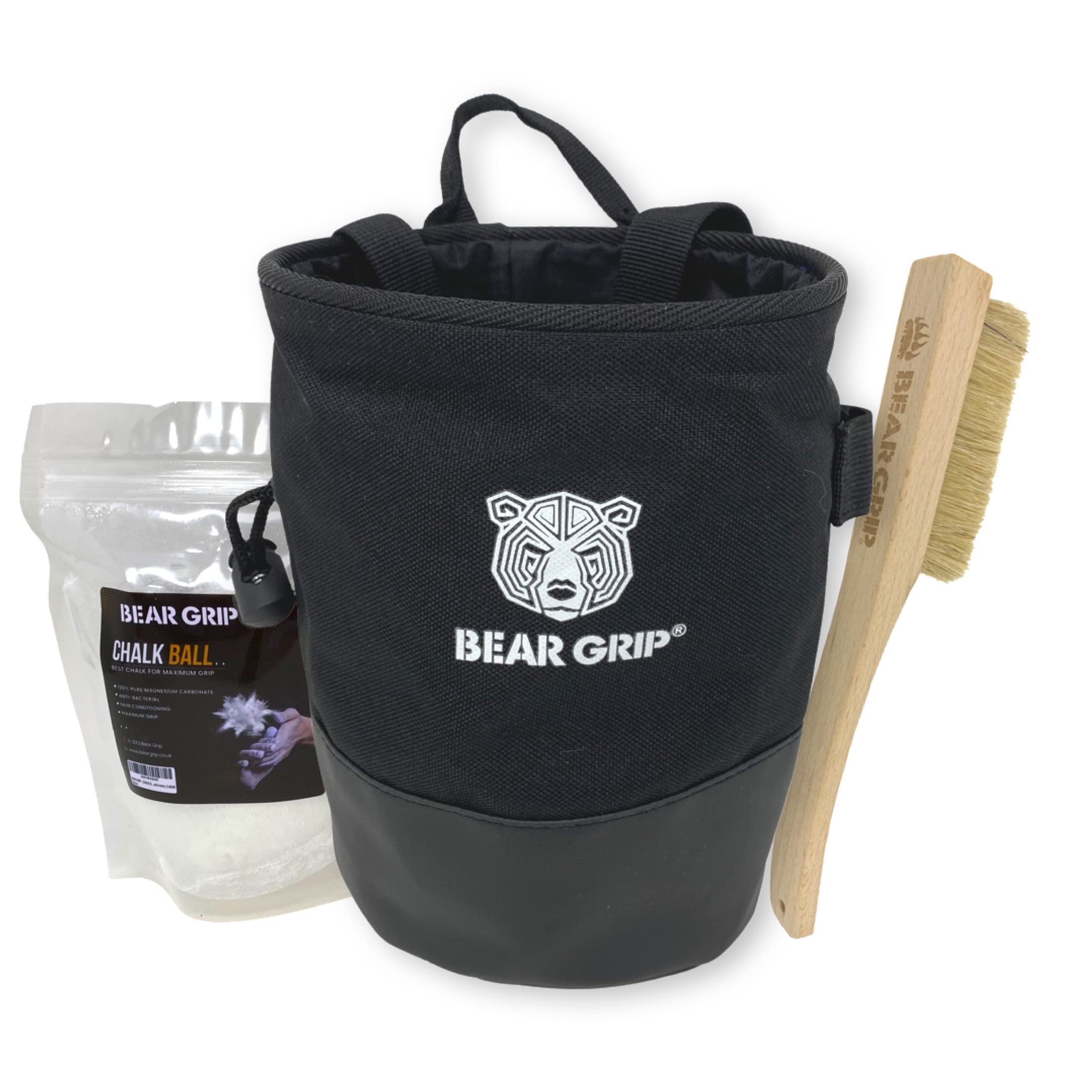 BEAR GRIP Premium Chalk Bag Bundle Pack for Rock Climbing with Waist Belt Chalk Ball and Brush. (Black)