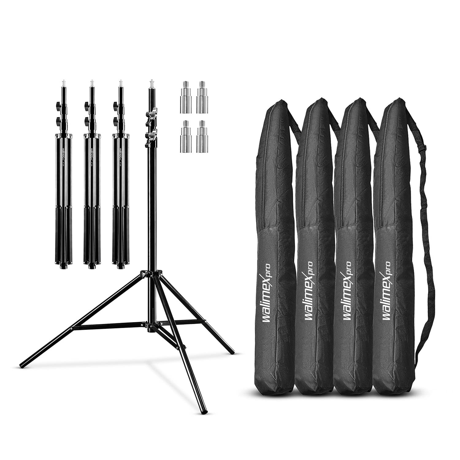 Walimex pro 4x lamp tripod WT-806 with spring damping I height max. 256cm I stable light tripod loadable up to 6kg I lighting tripod for ring light, reflector, flash & video I 3/8" adapter & 4 bags