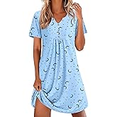 Ekouaer Nightgowns for Women Cotton Night Gowns Pleated Nightshirts Henley V Neck Sleepshirts Short Sleeve Sleepwear