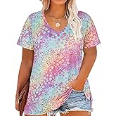 CARCOS Womens Plus Size Tops Basic Summer Shirts Short Sleeve V Neck Tunics Casual T-Shirt Loose Fits XL-5XL
