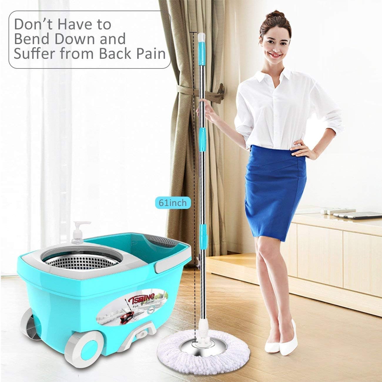 Tsmine Spin Mop Bucket System Stainless Steel Deluxe 360 Spinning Mop Bucket Floor Cleaning System with 6 Microfiber Replacement Head Refills,61"Extended Handle, 2x Wheel for Home Cleaning - MINT: Home & Kitchen