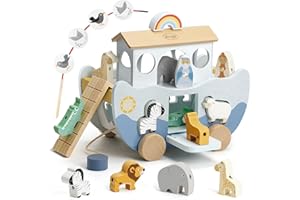 Joyreal Wooden Noah's Ark Toy for 1 Year Old Baby Boy and Girl Baptism Gift - Neutral Color Montessori Educational Toy with Animal Shape Sorter - Christian Toys for Toddler 1-3 Christmas Birthday Gift