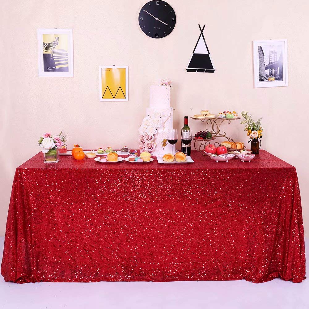 Photo 1 of GFCC Glitter Red Sequin Tablecloth - 60x102 Inch Shimmer Party Wedding Banquet Christmas Table Cloth Linen Rectangle Cake Table Cover