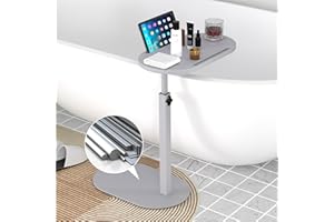 Forevich Bamboo Bathtub Tray Table Bath Side Table with Metal Base Adjustable Height, Portable Freestanding Caddy Tray Tub Shelf for Luxury Bath Home Spa Grey Table and Grey Base