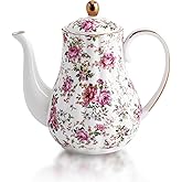 Agyiuns Tea Pot, Porcelain Teapot 37oz,tea pots for tea party,Tea Infuser Pots for Blooming loose Leaf Tea (White with flower
