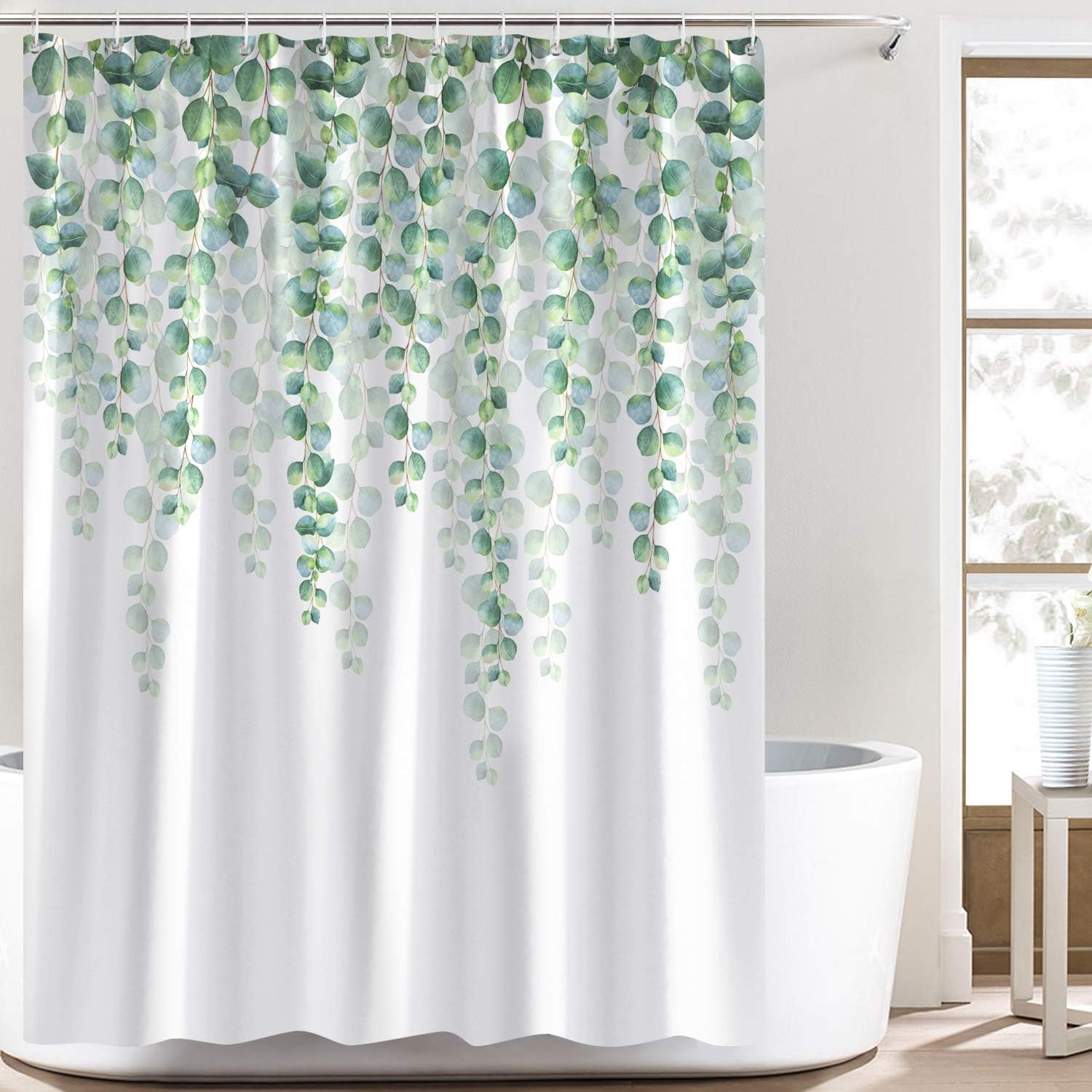 Bonhause Eucalyptus Green Leaves Shower Curtain 180 x 180 cm Leaf Plants Bathroom Curtain Waterproof Mildew & Mould Resistant Polyester Fabric Bath Curtain with 12 Hooks