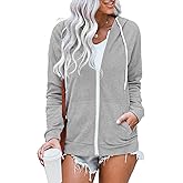 WROLEM Women Casual Full Zip Up Hoodie Comfy Loose Long Sleeve Sweatshirt Solid Color Jacket with Pockets
