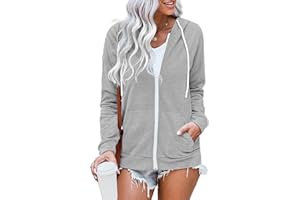 WROLEM Women Casual Full Zip Up Hoodie Comfy Loose Long Sleeve Sweatshirt Solid Color Jacket with Pockets
