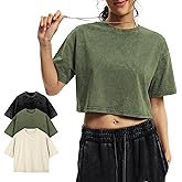 Wyeysyt Cropped T Shirts for Women Short Sleeve Acid Wash Cotton Tops Vintage Oversized Casual Basic Tee Shirts