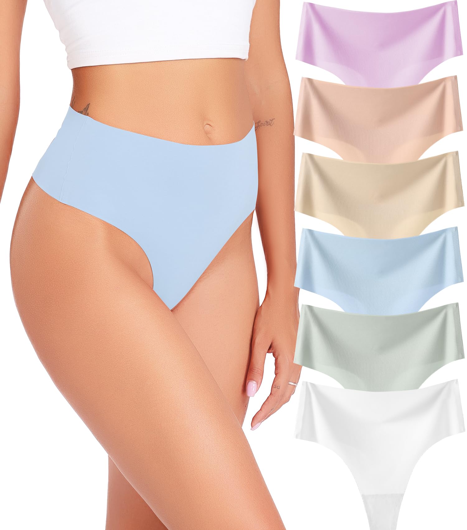 Photo 1 of Wealurre Womens Underwear High Waisted Seamless Thongs for Women Breathable No Show Panties for Ladies 6 Pack (Light Color,XL)