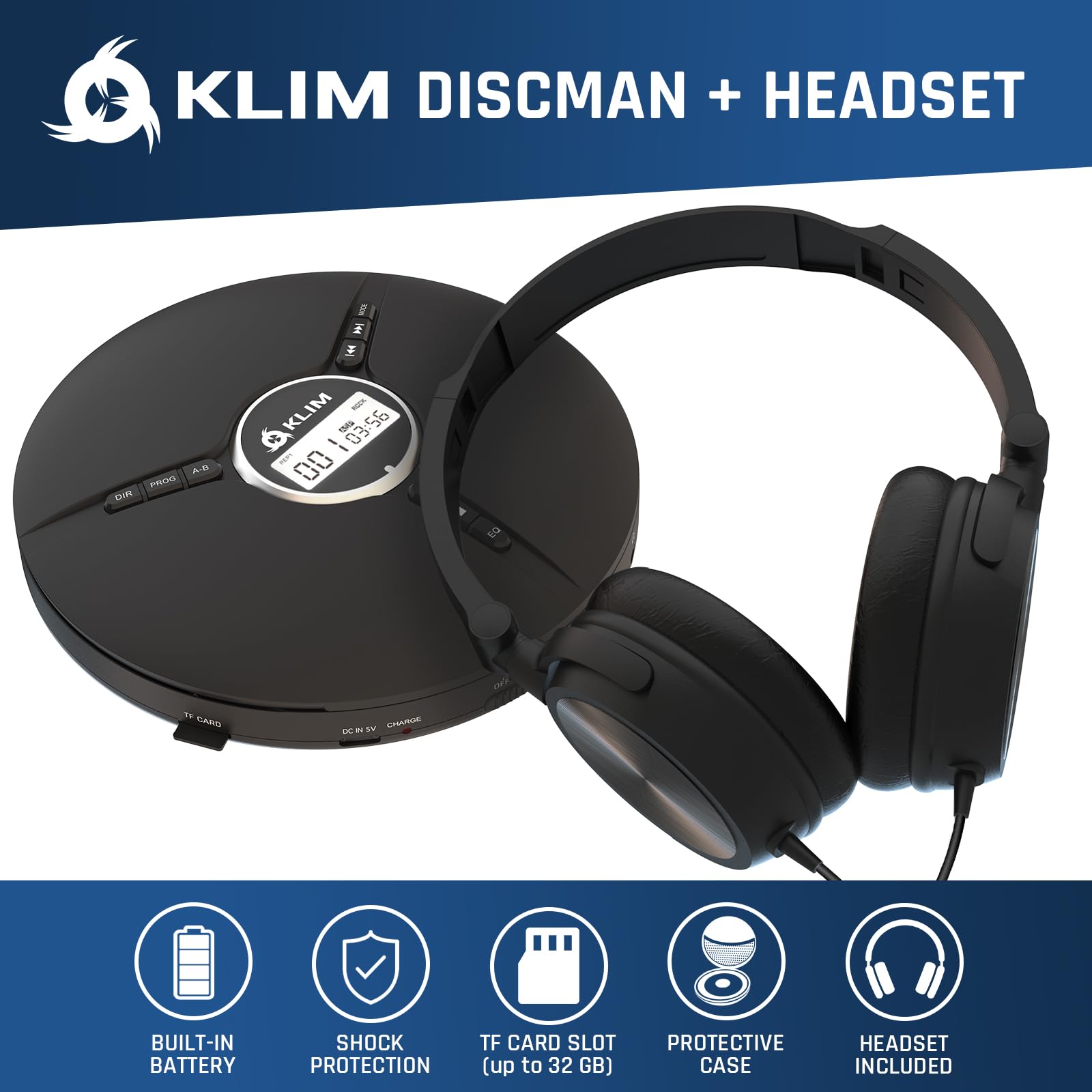 KLIM Discman with Headphones - Portable CD Player with Headphones - Compatible w/CDR, CDRW, MP3 - Compact Mini CD Player - Black - New Version