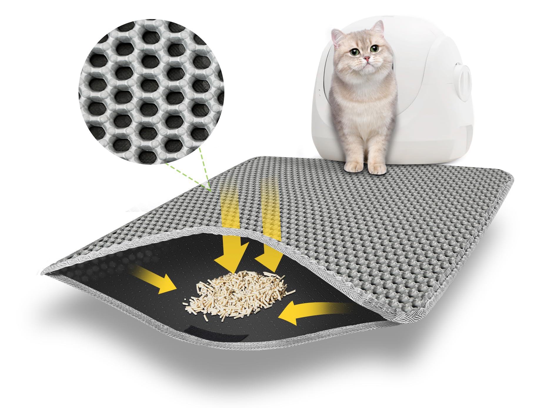 Cat Litter Mat 60 x 45 cm, Large Hole Design Cat Litter Mat, Double Layer Waterproof Cat Litter Mat, Non-Toxic Cat Litter Mat, Grey