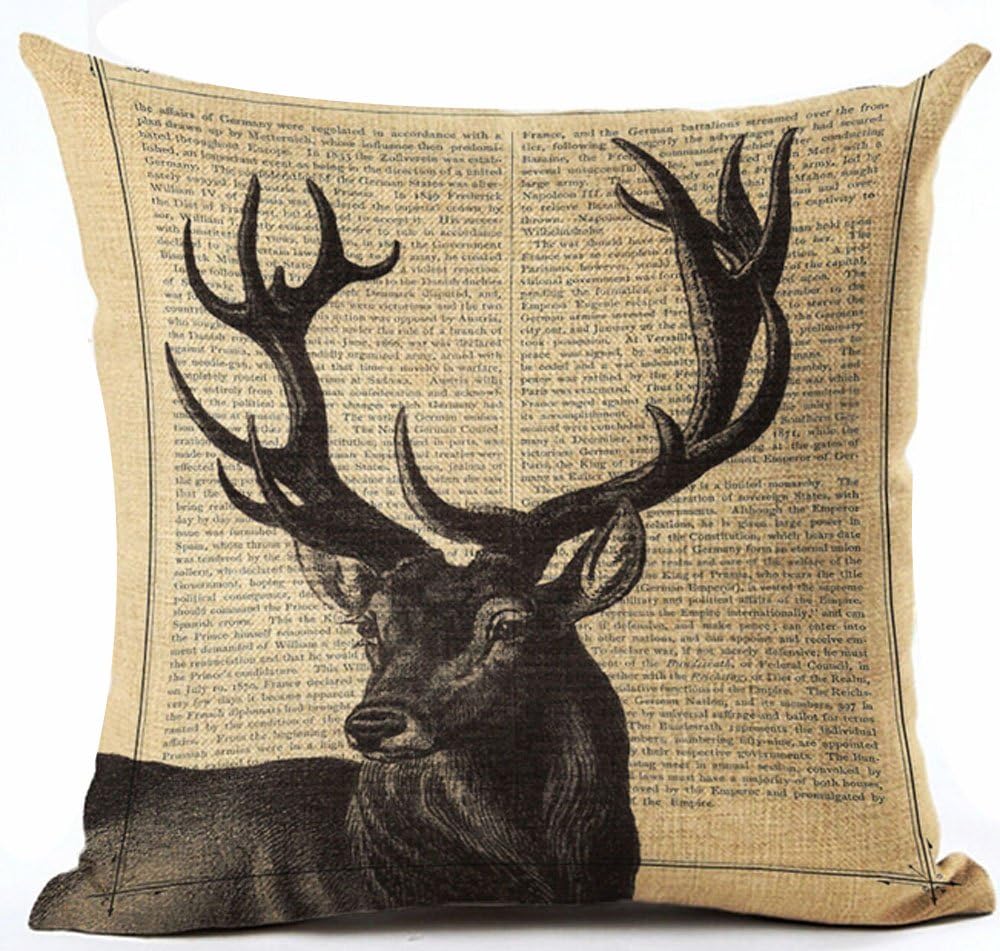 Cotton Linen Retro Elk Page Illustration Black Sketch Holiday Moose Bucks and Butterflies Birds Pillow Covers Cushion Cover Decorative Sofa Bedroom and Living Room (8)