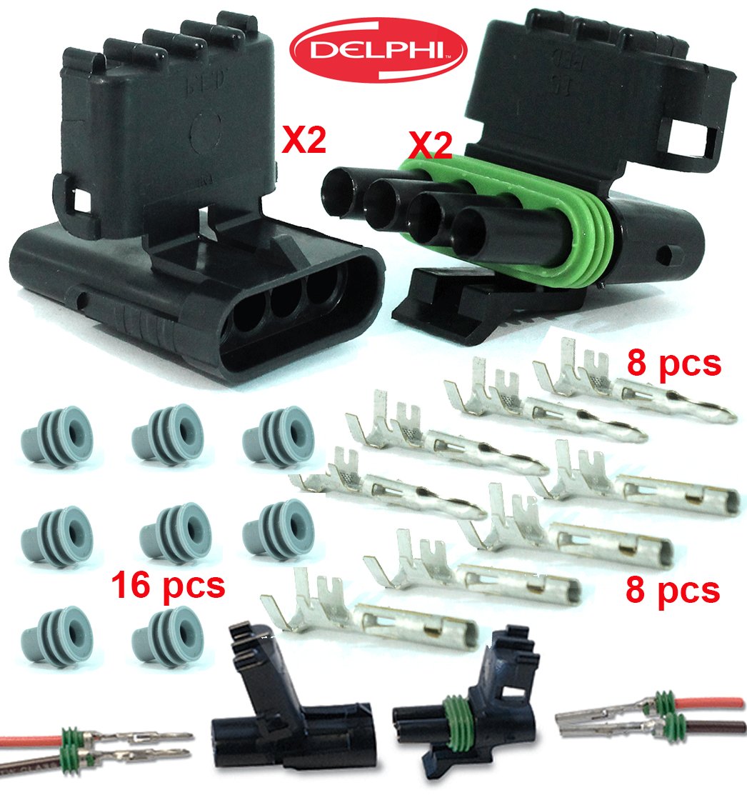 Delphi Packard 2 Completed Set (4 Circuits) Weatherpack, Waterproof, Terminal Kit 14, 16 AWG