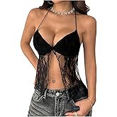 SweatyRocks Women's Y2K Tops Tie Back Split Lace Cami Shirt Sexy Halter Going Out Tops