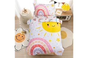 Btargot 4 Pieces Ultra Soft Toddler Rainbow Bedding Set, Cartoon Love Hearts Sun Stars and Raindrop Pattern Comforter Sets for Baby Girls Boys, Pink