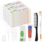Personal Care Travel Toiletries Sets Bulk - Pack of 50,Disposable Toothbrushes with Toothpaste and Floss,Comb,Soap,Cover,Zip Bag 7-IN-1 Travel Size Toiletry Kit for Hotel,Guest,Homeless,Charity,Church
