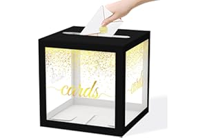 JCTHKUKU Clear Black Card Box for Party, 8.7" Gold Foil Gift Cards Receiving Box Holder for Wedding, Bridal Shower, Graduation, Birthday, Retirement, Baby Shower, Anniversaries Party Decorations