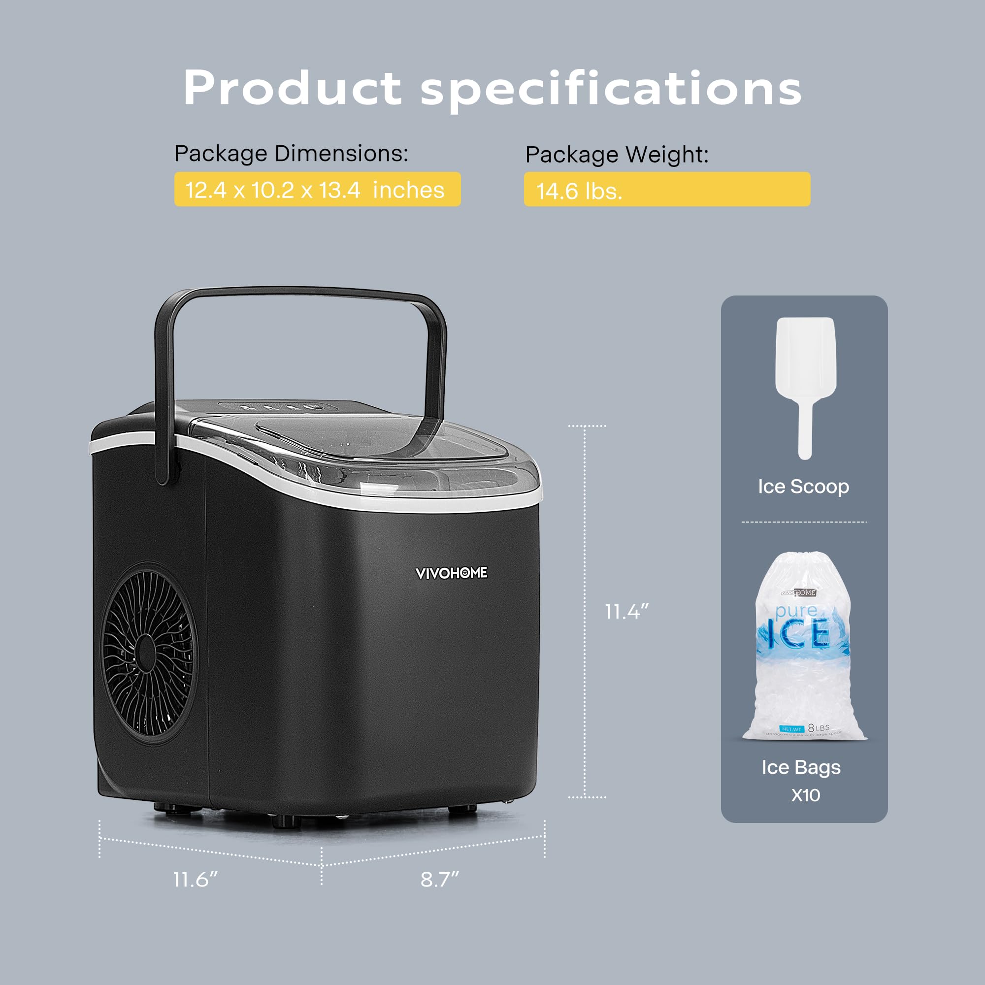 VIVOHOME Countertop Ice Maker with Handle 26lbs/Day 9 Ice Cubes in 6 Mins Portable Ice Maker Machine 10 Ice Bags and Self Cleaning Ice Cube Maker Black
