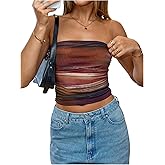 OYOANGLE Women's Tie Dye Ruched Strapless Tube Top Party Sleeveless Going Out Bandeau Crop Tops