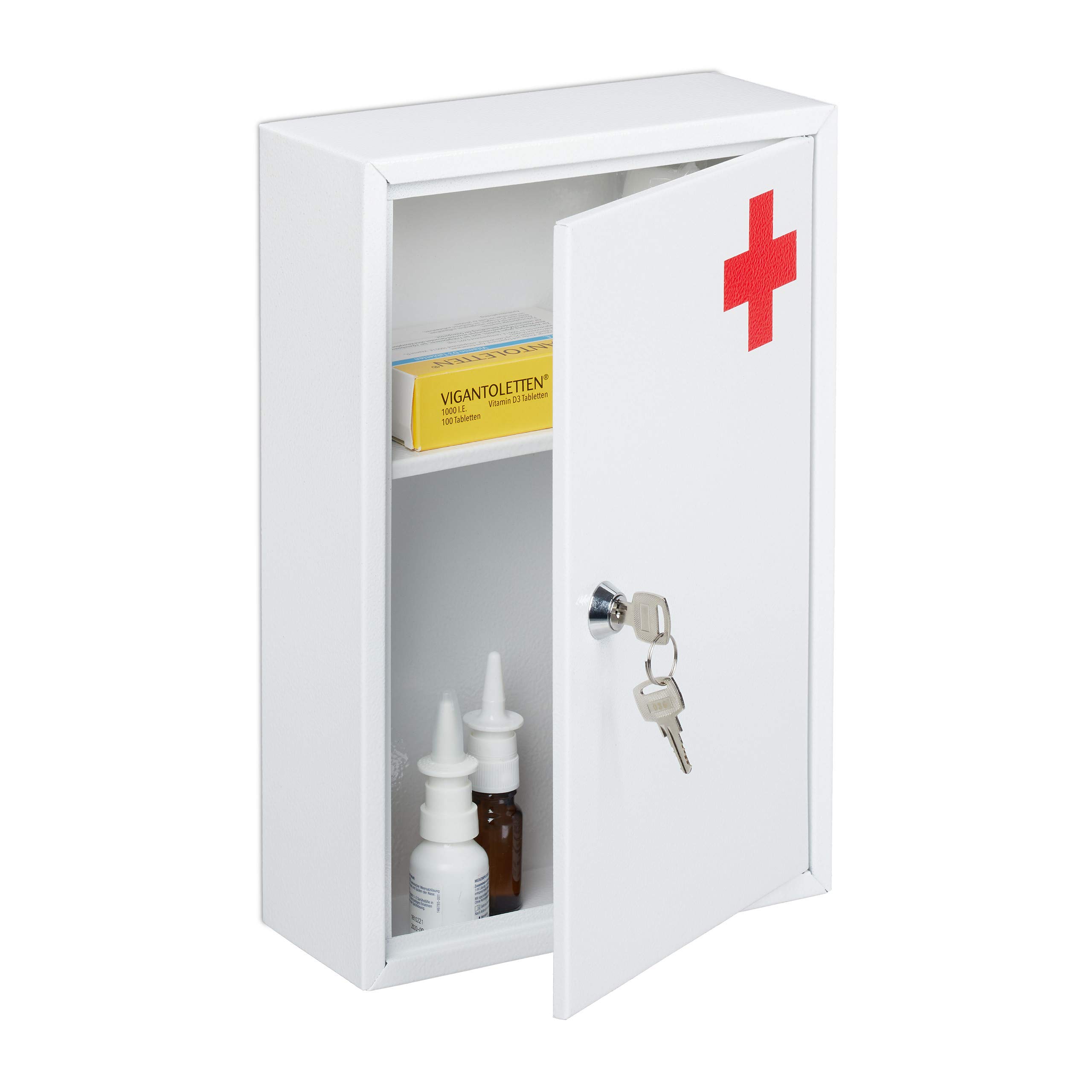 Relaxdays Medicine Cabinet, Lockable, 2 Compartments, HxWxD: 32 x 21.5 x 8 cm, Wall Mounted, First Aid, Metal, White/Red