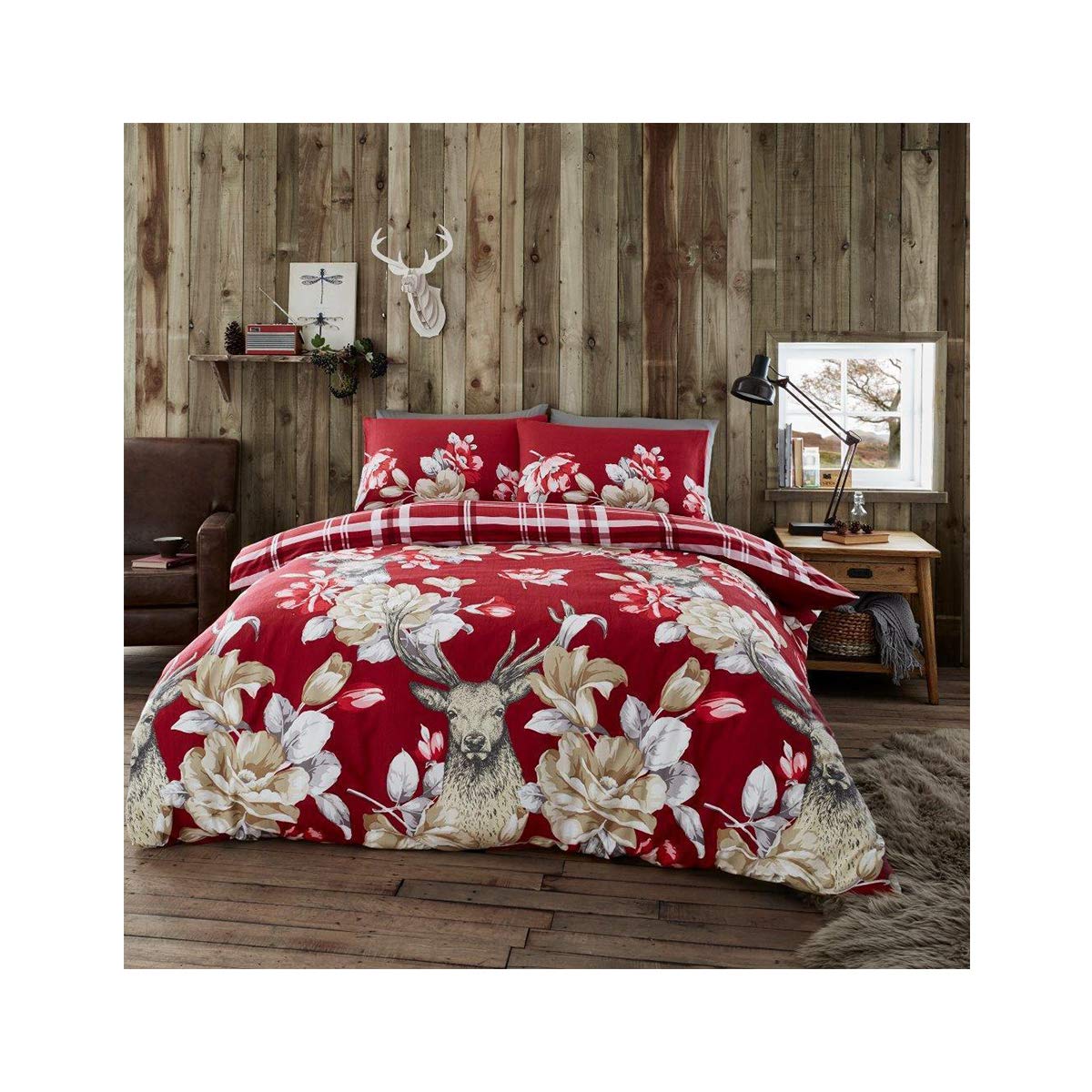 Gaveno Cavailia Flannel Printed Set with Duvet Cover and Pillow Case, Laura STAG (Double-Red), Cotton,