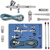Pinkiou Airbrush Kit with Different Nozzle and Needles Muti-Purpose Dual Action Airbrush Sets with Air Brush 0.2 0.3 &0.5mm Needles and Air Hose for Hobby Model Painting Tattoo Cake Nail Art
