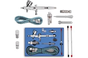 Pinkiou Airbrush Kit with Different Nozzle and Needles Muti-Purpose Dual Action Airbrush Sets with Air Brush 0.2 0.3 &0.5mm Needles and Air Hose for Hobby Model Painting Tattoo Cake Nail Art