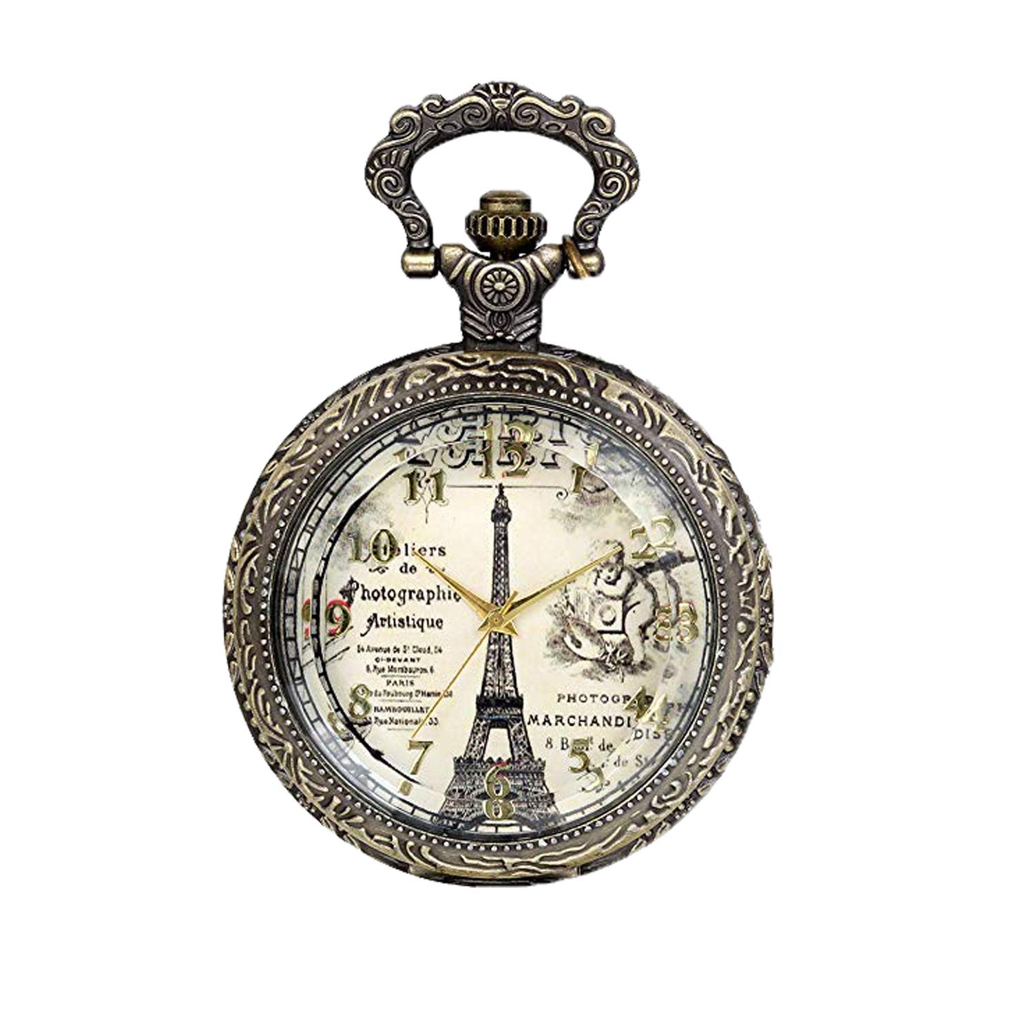 JewelryWe Retro Vintage Bronze Eiffel Tower Roman Numbers Quartz Pocket Watch Necklace Pendant Long 30.9 Inch Chain Birthday Gift (with Gift Bag)