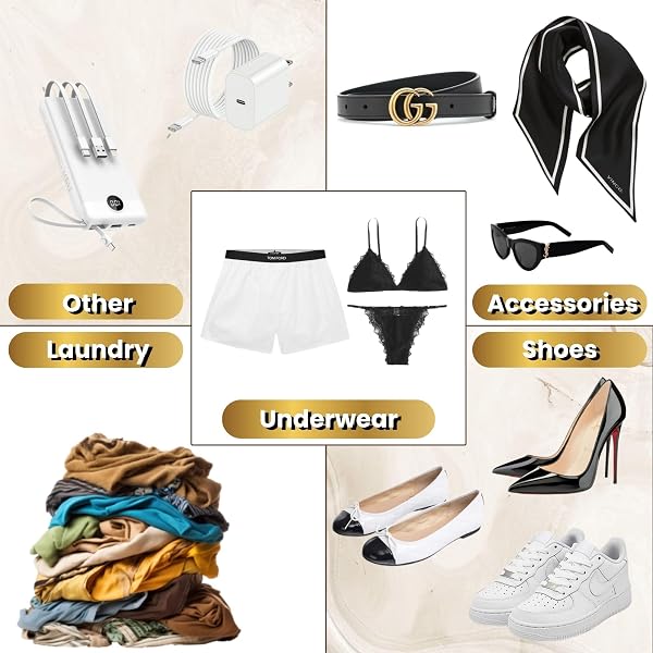 5 SET TRAVEL ORGANIZER BAGS | PACKING POUCHES | LUGGAGE ORGANIZERS | LABELED ORGANIZERS FOR SUITCASE | TRAVEL PACKING BAGS FOR UNDERWEAR, SHOES, LAUNDRY, ACCESSORIES | ORGANIZERS WITH DRAWSTRINGS